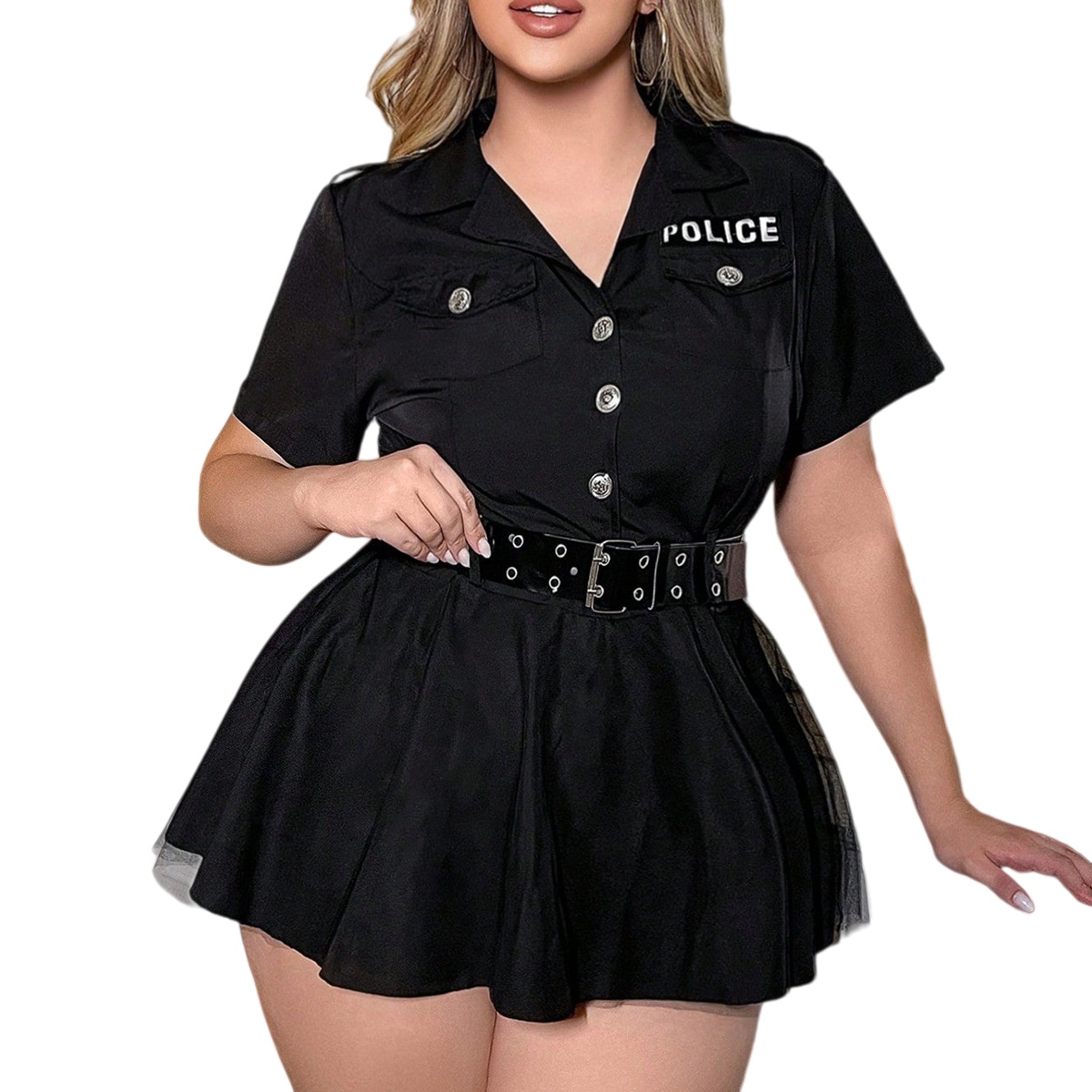 Womens Plus Size Police Officer Costume - Adult Black Large Size Mini Dress